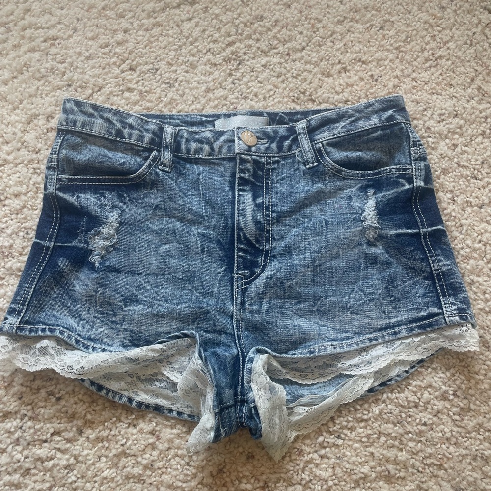 Blue and White Distressed Jean Shorts with Frayed Hem